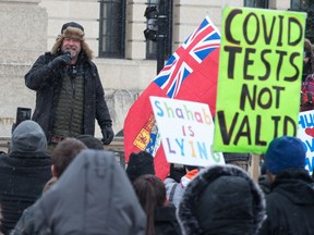 Mark Friesen speaks to a crowd during what was billed as the Saskatchewan Freedom Rally held at the Saskatchewan Legislative Building in Regina, Saskatchewan on Dec. 12, 2020.