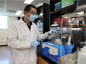 Dr. Yuwei Xi, a postdoctoral student leading the work at the University of Saskatchewan's wastewater testing facility, gives a tour of the site where they collect and analyze the city's wastewater to glean insight into how COVID-19 might be spreading in Saskatoon and other areas in Saskatchewan.