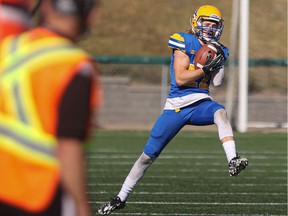 Saskatoon Hilltops defensive back Brant Morrow makes a catch during first half action against Edmonton Huskies in a Prairie Football Coference game at SMF Field. Photo taken in Saskatoon on Sunday, October 3, 2021.
