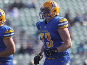 SASKATOON, SK-- October 3/2021 - 1004 sports hilltops football - Saskatoon Hilltops offensive lineman Mason Ochs during first half action against Edmonton Huskies in a Prairie Football Coference game at SMF Field. Photo taken in Saskatoon on Sunday, October 3, 2021.