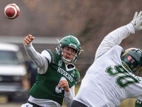 Huskies quarterback Mason Nyhus throws a pass during an Oct. 23 home game against the Regina Rams.