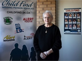 Phyllis Hallatt, president of Child Find Saskatchewan, at the organization's office, which has closed after 37 years.