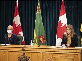 Sheila Anderson, right, vaccine chief responsible for SHA's COVID-19 immunization campaign, speaks at the Legislative Building on Monday, November 22, 2021 in Regina. Dr. Tania Diener, left, medical health officer responsible for immunization and physician co-lead of SHA's COVID-19 immunization campaign, joined her in the news conference. 

TROY FLEECE / Regina Leader-Post