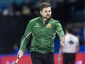 kip Matt Dunstone gives instruction during the men's semifinal against team Epping at the 2021 Tim Hortons Canadian Curling Trials in Saskatoon on Tuesday, November 23, 2021.