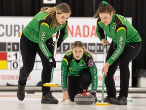 Saskatoon's Madison Kleiter competes against team B.C. during the 2021 New Holland world junior curling qualifying event at Granite Curling Club in Saskatoon on Nov. 24, 2021.
