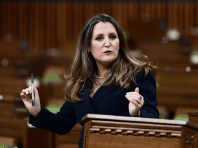 Finance Minister Chrystia Freeland responds to questions from MPs after she delivered the federal budget in the House of Commons on April 19, 2021.