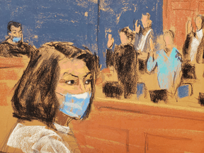 Ghislaine Maxwell watches as jurors are sworn in at the start of her trial on charges of sex trafficking, in a courtroom sketch in New York City, November 29, 2021.