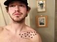 Survivor of the Humboldt Broncos bus crash Tyler Smith displays a tattoo commemorating the 16 people who lost their lives that day. Smith has been open about his struggles with trauma.