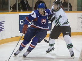 Matt Swaby, right, is shown here in this file photo playing for the U of S Huskies against Team Slovakia national under-20 squad back in 2009.