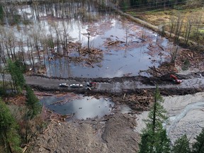 In this handout provided by the B.C. Ministry of Transportation and Infrastructure, an aerial view of clean up on Highway 7 east of Aggasiz on November 16, 2021 in British Columbia, Canada.