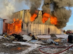 The Saskatoon Fire Department helps extinguish a fire at an industrial complex at Green Meadow Estates.