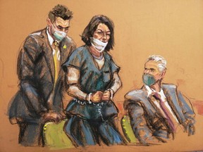 Ghislaine Maxwell, the Jeffrey Epstein associate accused of sex trafficking, is led into court in shackles for a pre-trial hearing ahead of jury selection, expected to begin later in the week, in a courtroom sketch in New York City, U.S., November 1, 2021.