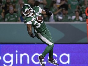 Saskatchewan Roughriders linebacker A.J. Hendy, shown intercepting a pass against the Hamilton Tiger-Cats on Aug. 14, has left the team over a lack of playing time.