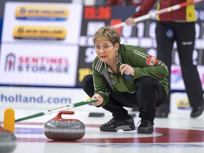 Sherry Anderson, shown at the national Scotties earlier this year, is again filling up her curling calendar.