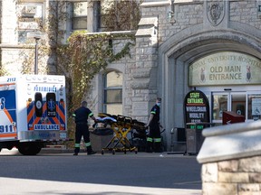 Paramedics bring a stretcher into the old main entrance at the Royal University Hospital. Photo taken in Saskatoon on Wednesday, September 8, 2021.