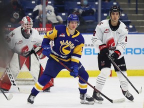 Saskatoon Blades' European import forward Egor Sidorov (19) positions himself in front of the Moose Jaw Warriors' net during WHL action in Saskatoon on Wednesday, October 27, 2021.