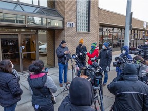 Saskatoon Tribal Council Chief Mark Arcand speaks to media outside of 145 1st Avenue North, a site the STC is hoping to turn into a temporary shelter over the cold winter months. Photo taken in Saskatoon, Sask. on Thursday, December 2, 2021.