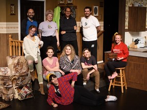 Actors and production crew of 25th Street Theatre's Fruitcake. Back (L-R): Ed Mendez (Michael), community relations manager Philippa Williams, Bruce Sinclair (Henry), Deneh'Cho Thompson (Brad) Middle (L-R): Set designer Jensine Emeline, Artistic and Executive Director and actor Anita Smith (Jill), dramaturg and actor Lenore Claire Herrem (Katie), Oliver Claxton (Si), stage manager Sam Fairweather Front: Director S.E. Grummett