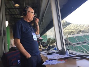 Winnipeg Blue Bombers play-by-play man Bob Irving is shown in the booth at Mosaic Stadium on July 1, 2017, prior to a game against the Saskatchewan Roughriders.
