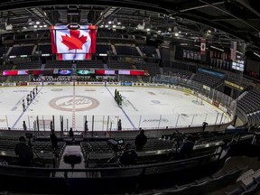 The Regina Pats prepare to face the Prince Albert Raiders in an empty Brandt Centre on April 13, 2021. Keith Hershmiller Photography.