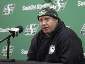 Saskatchewan Roughriders centre Dan Clark speaks to the media Monday at Mosaic Stadium, one day after the team's 21-17 loss to the host Winnipeg Blue Bombers in the CFL's West Division final.