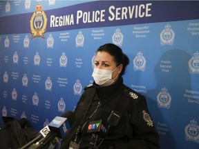 Sgt. Donna Wall speaks about her experiences with calls involving overdoses during a press conference at the Regina Police Service. Wall said drug overdoses have become more deadly and frequent over recent years.