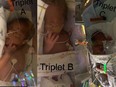 The triplets born in Saskatchewan on Christmas Eve 2021 to Chantel Caplette of Saulteaux First Nation are: Triplet A — Mylee Ayda Caplette (2lbs 15oz), Triplet B — Phrankie Anne Caplette (2lbs 15oz) and Triplet C — Meah Liza Lee Caplette (2lbs 11oz.)