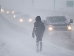 A pedestrian braves the elements as high winds blow snow and obscure visibility along Clarence Avenue.