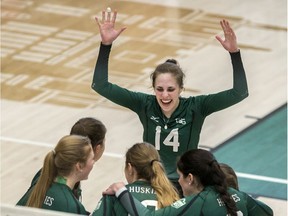 Olivia Mattern (14) and the U of S Huskies, shown here in this file photo, celebrated a 3-0 win Friday over the Brandon University Bobcats.