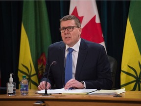 Saskatchewan Premier Scott Moe speaks to media during a news conference in March 2021.