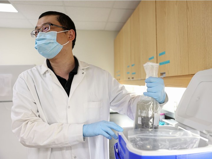  Dr. Yuwei Xi, post-doctoral student leading the work at the University of Saskatchewan’s waste water testing facility, gives a tour of the site where the city’s waste water is collected and analyzed.