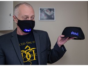 Saskatoon inventor Brian Kendall with his voice-to-LED text mask. He came up with the idea to help people who are hard-of-hearing during COVID as masks prevent lip-reading.