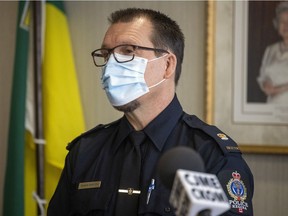 The Regina Police Service used anonymous tips from Crime Stoppers to make more arrests and lay more charges in 2021 than in years past. Regina Police Service Inspector Shawn Fenwick, shown here, says police efficiencies have led to better closure on tips.