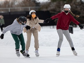 ScienceTrek students Hillary Hay, Zelene Zehtab and Sydney Foster enjoyed the nice weather with a trip to the Clarence Downy Speed Skating Oval to practice their ice skating skills. Photo taken in Saskatoon on Tuesday, January 11, 2022.