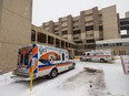 Ambulances sit outside the emergency entrance at the Royal University Hospital in Saskatoon, SK on Thursday, January 13, 2022.