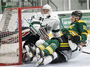 The University of Saskatchewan Huskies' goalie Roddy Ross competes against the University of Regina Cougars in Canada West men's hockey with no fans allowed at Merlis Belsher Place. Photo taken in Saskatoon on Saturday, January 15, 2022.