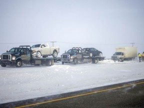 RCMP had Highway 6 south of Regina blocked off from crews to clear a multi-vehicle accident on Tuesday, Jan. 18, 2022. Travel is not recommended for many parts of the province today. If you must travel, RCMP urges drivers to check road conditions at your departure point and your destination before heading out.