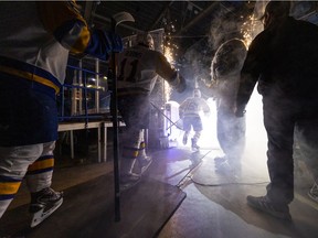 The Saskatoon Blades take the ice before their WHL game against the Medicine Hat Tigers in Saskatoon on Friday, January 21, 2022.