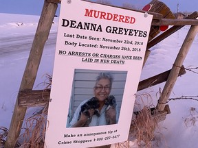 A poster of Deanna Greyeyes hangs outside the home of her niece, Theresa Greyeyes. (Photo provided)