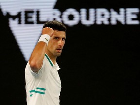 Serbia's Novak Djokovic reacts during his final match against Russia's Daniil Medvedev at the Australian Open, Melbourne, Australia, February 21, 2021