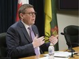 Premier Scott Moe, left, speaks during a press conference at the Legislative Building. MICHAEL BELL / Regina Leader-Post