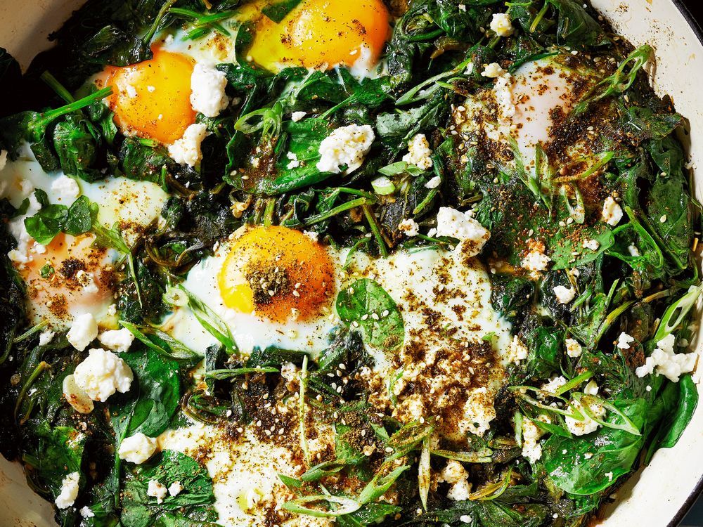 Green Shakshuka with Chard, Kale, Spinach, and Feta from Shuk by Einat Admony & Janna Gur. For Randy Shore story [PNG Merlin Archive]