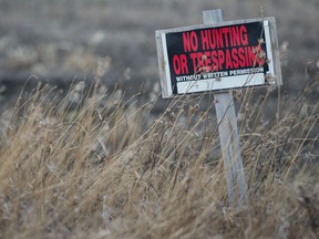 A "No hunting or trespassing' sign sits on the edge of a rural property near Regina, Saskatchewan on Oct. 15, 2020. BRANDON HARDER/ Regina Leader-Post