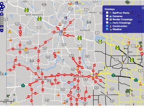 This screen grab map from the Saskatchewan Highway Hotline showed that a number of roads in the province were closed at 6 p.m. Monday.