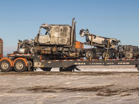 Clean-up crews work to clear Highway 11 between Davidson and Girvin on Feb. 10, 2022 after an early morning collision involving multiple semi trucks.