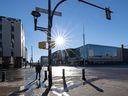 The sun sets over downtown Saskatoon at the intersection of Second Avenue and 20th Street on February 10, 2022.