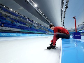 BEIJING, CHINA - JANUARY 31: Graeme Fish of Team Canada prepares to skate during a speed skating practice session ahead of the Beijing 2022 Winter Olympic Games at National Speed Skating Oval on January 31, 2022 in Beijing, China.