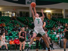 University of Saskatchewan Huskies forward Carly Ahlstron lays up the basketball during the first quarter USport Canada West women's basketball action at Physical Activity Complex in Saskatoon, Sask. on Friday, February 18, 2022.