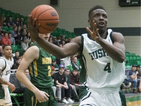 Huskies forward/guard Emmanuel Akintunde goes to make a basket during a Canada West conference game at the PAC in Saskatoon.