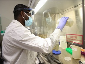 Dr. Femi Oloye prepares samples at the University of Saskatchewan's wastewater testing facility which will then be analyzed to glean insight into how COVID-19 might be spreading in Saskatoon and other areas in Saskatchewan. Photo taken in Saskatoon on Thursday, Sept. 30, 2021.